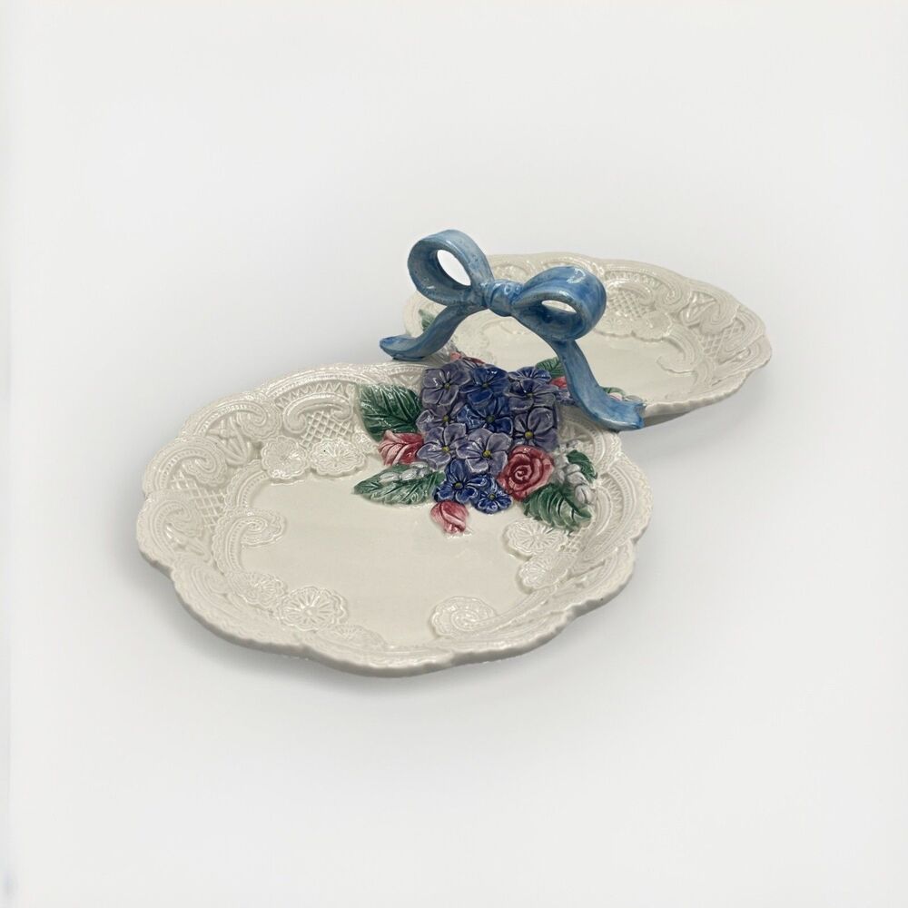 Fitz & Floyd Vintage Ceramic Victorian Bow Floral Lace 2-sect Serving Dish Bowl